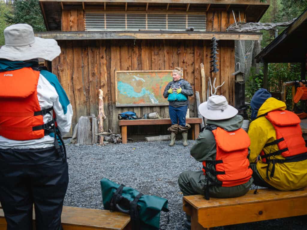Guests get life jackets and gear on before the Two-Hour Kenai River Scenic Float