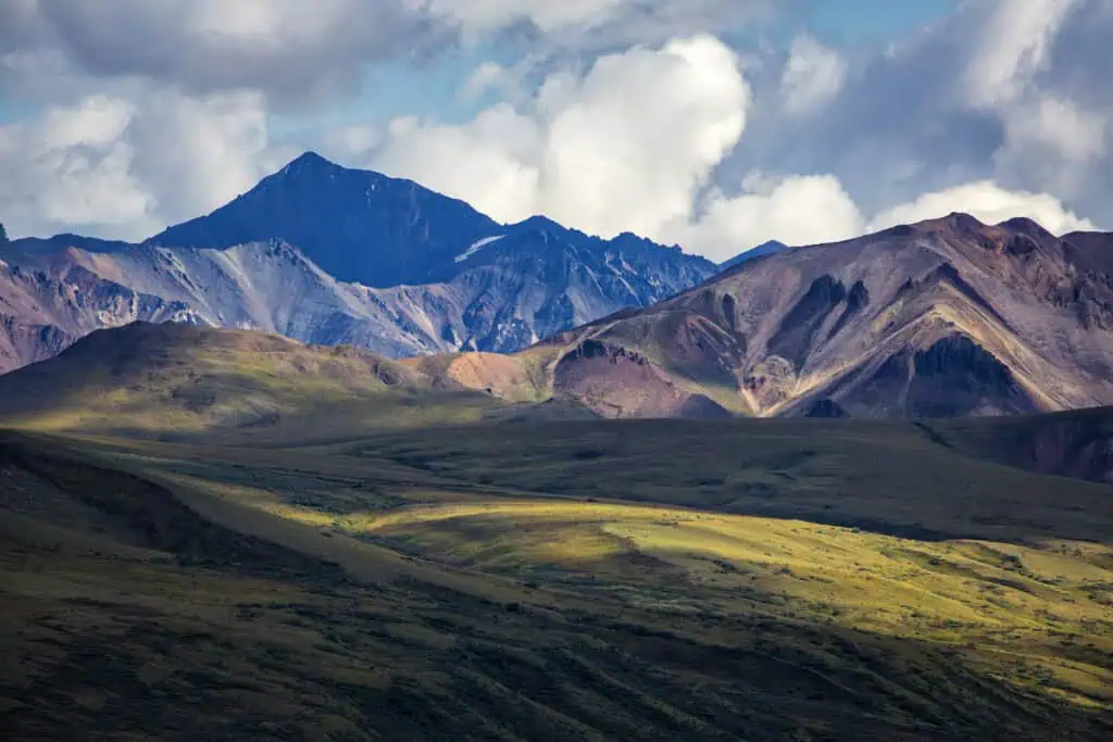 Sun and shadows play on the mountains of Denali National Park