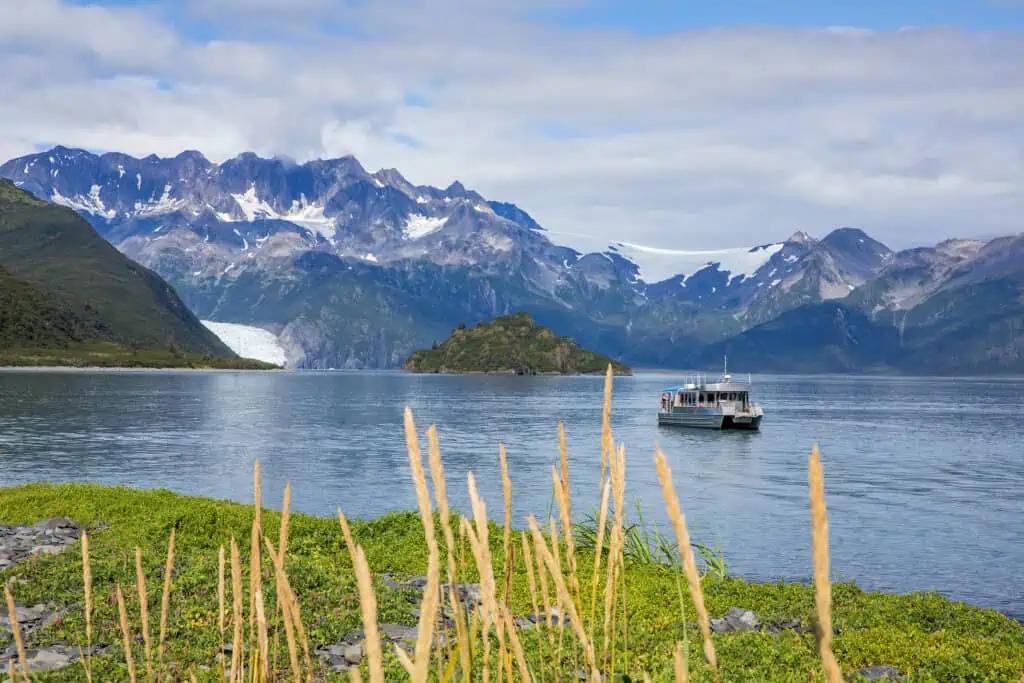 The M/V Wild Lander brings guests to Kenai Fjords Glacier Lodge on the Alaska Coast to Denali Adventure