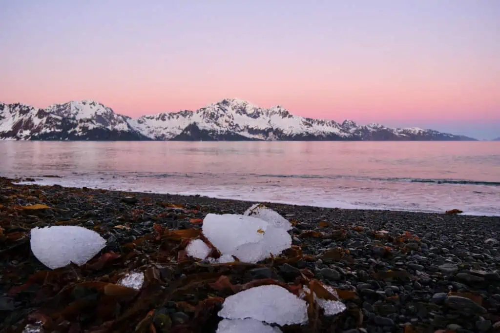Bits of glacier on the beach near Kenai Fjords Glacier Lodge