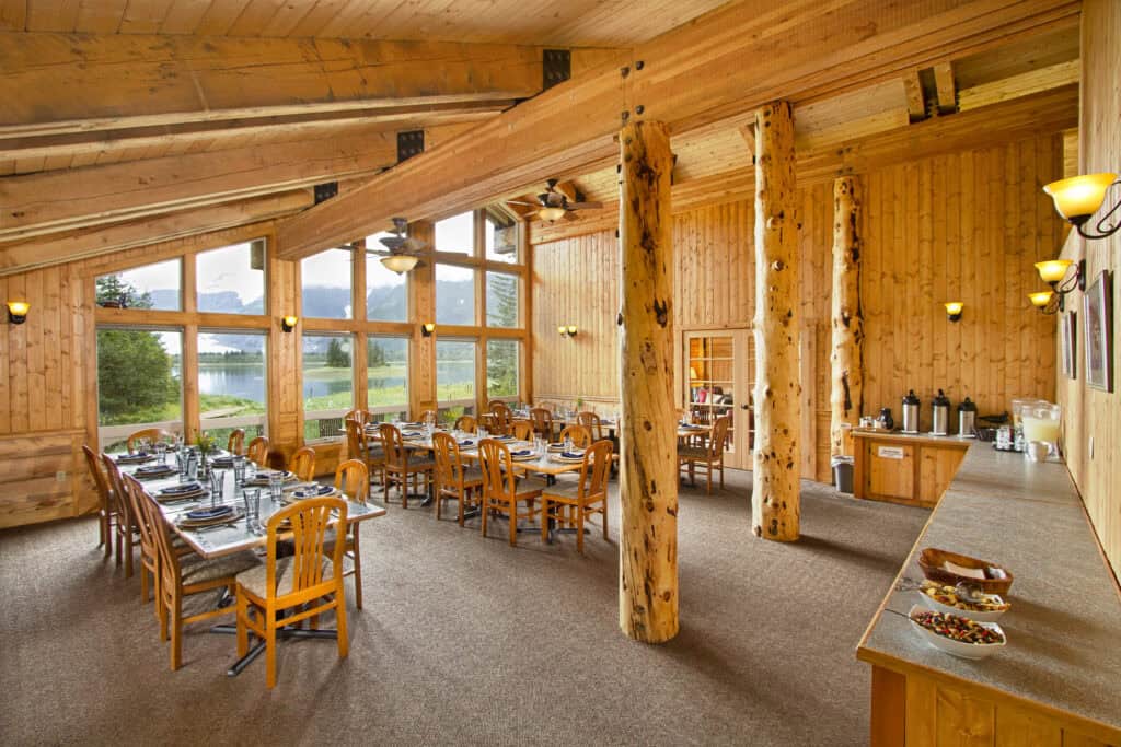 The dining room at Kenai Fjords Glacier Lodge to support our wilderness fine dining